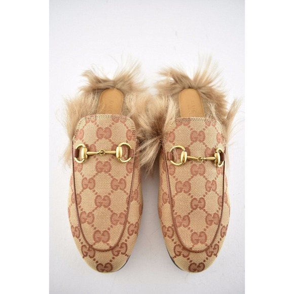 Gucci Princetown Beige Canvas Original GG Fur Loafer Slide Mule Slipper Flat 35 - Picture 8 of 12